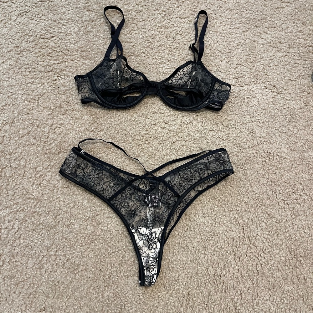 Victoria's Secret Sheer Black Floral Lace Bra and (2) panty/thong set